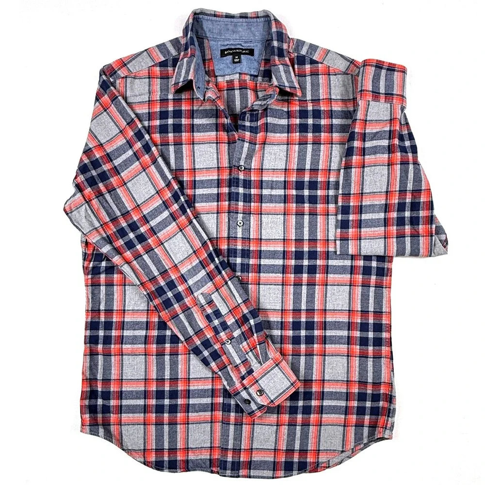 Banana Republic Men's Flannel Shirt Size M Red Navy Gray Plaid Flannel‎